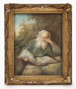 An antique miniature portrait of a scholar, hand-painted on ivory, 19th century, signed lower right (illegible), 16 x 13cm overall.