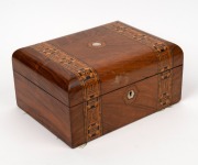 An antique English walnut sewing box with Tunbridge banding and original purple silk fitted interior, housing an assortment of sewing tools and accessories, 19th century, 15cm high, 30cm wide, 22cm deep. - 2