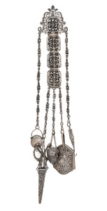 An antique English silver plated chatelaine, 19th century, 37cm high overall.
