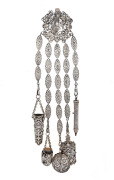 An ornate antique silver plated chatelaine, 19th century, 29cm high overall.