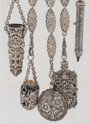 An ornate antique silver plated chatelaine, 19th century, 29cm high overall. - 2