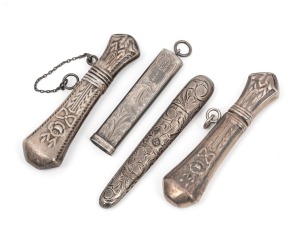 Four antique sterling silver needle cases, 19th/20th century, the largest 6cm long.