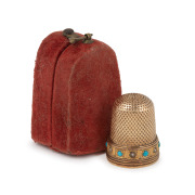 An antique 15ct gold, turquoise and seed pearl thimble, housed in a red velvet plush case, 19th century, 5.5 grams.