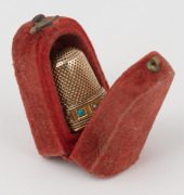 An antique 15ct gold, turquoise and seed pearl thimble, housed in a red velvet plush case, 19th century, 5.5 grams. - 2
