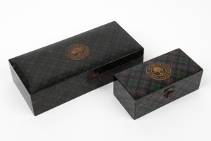 Two Mauchline ware green tartan decorated boxes, both branded "G. A. Richards" to the top with attractive lithograph paper labels affixed to the inside of the lids, 20cm and 12.5cm wide.