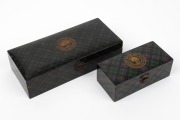 Two Mauchline ware green tartan decorated boxes, both branded "G. A. Richards" to the top with attractive lithograph paper labels affixed to the inside of the lids, 20cm and 12.5cm wide.
