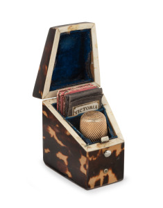 An antique 9ct gold thimble, housed in an attractive tortoiseshell and ivory fitted case with assorted needle packets, 19th century, the thimble 5.5 grams, the case 5cm high.