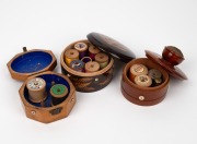 Three antique thread dispenser sewing boxes, including one example with spatter work fern decoration, 19th century, the largest 11cm diameter. - 2