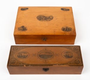 Two mauchline ware sewing boxes, comprising of one example with Scottish vignettes and the other a souvenir of the Island of Guernsey, 19th century, 24cm and 25cm wide.