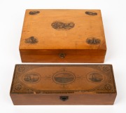 Two mauchline ware sewing boxes, comprising of one example with Scottish vignettes and the other a souvenir of the Island of Guernsey, 19th century, 24cm and 25cm wide.