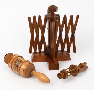 An antique timber concertina yarn winder; together with two antique turned timber work clamps, 19th century, (3 items), the largest 22cm high.