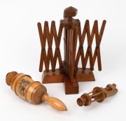 An antique timber concertina yarn winder; together with two antique turned timber work clamps, 19th century, (3 items), the largest 22cm high.