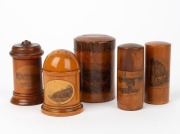 Five assorted Mauchline ware needle cases, one example with "Centennial Exhibition Melbourne, 1888" decoration, 19th century, the largest 9cm high.