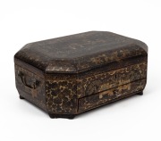 An antique Chinese export ware lacquered sewing box with chinoiserie decoration, interior fitted with compartments and housing a selection of bone and ivory implements, 19th century, 14cm high, 33cm wide, 24cm deep. - 2
