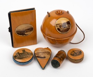 A collection of assorted Mauchline ware, including pin cushions, needle book and yarn dispenser, 19th century, (6 items), the book 9.5cm high.