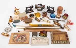 Assorted sewing accessories, miniature toy sewing machine ornaments, needle cases, sewing kits, tape measures, knitting needles etc., 20th century, (qty).