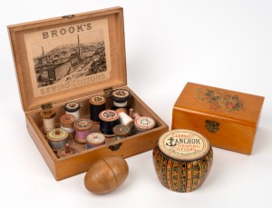 Assorted antique timber sewing boxes, treen egg shaped box and yarn box, including three examples with lithograph sewing advertising to the interior and a selection of threads, (qty).