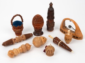 Assorted antique sewing implements including needle cases, pin cushions, tape measures etc., 19th/20th century, (10 items), the largest 12.5cm high.