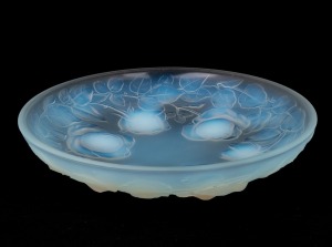 ETLING France opalescent glass fruit bowl with rose decoration, signed "Etling, France", 6.5cm high, 30cm diameter.