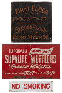 Three vintage and antique enamel signs comprising of a double sided example advertising "Super Life Mufflers", a "No Smoking" and an antique accommodation sign, early to mid 20th century, the largest 27 x 46cm overall.