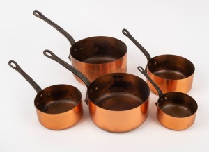 A graduated set of French copper scullery saucepans, (5 items), the largest 18cm diameter.