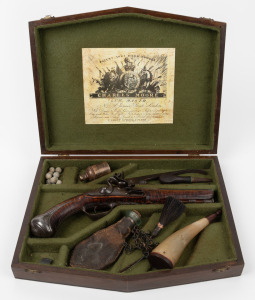An antique Continental flintlock pistol, housed in a later but attractive fitted timber box with accessories (some antique), plus facsimile label to the inside of the case, the pistol 18th/19th century, ​​​​​​​30cm long.
