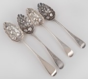 Two pairs of Georgian sterling silver berry spoons, (4 items), 21.5cm long, 225 grams total.