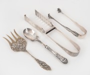 Antique English sterling silver asparagus tongs (an impressive 183 grams); together with a pair of sterling silver sugar tongs, a sterling silver Edward VII Coronation jam spoon and a Dutch silver serving fork, 19th and 20th century, (4 items), ​​​​​​​320