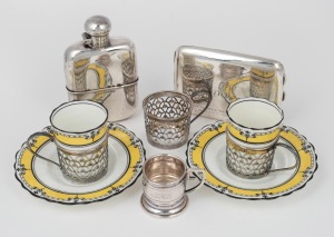 An English full sterling silver hipflask; together with a cigarette case with inscription "From the Durban Hebrew Congregation as a Token of Esteem, 1920" and three pierced sterling silver demi-tasse cup holders (with two porcelain cups and saucers) plus a silver spirit measure, 19th and 20th century, (10 items), the hipflask 11.5cm high, 402 grams total silver weight.