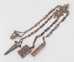 An ornate antique English silver plated chatelaine, 19th century, 31cm high overall.