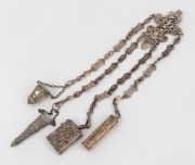 An ornate antique English silver plated chatelaine, 19th century, 31cm high overall.