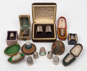 Collection of assorted antique and vintage thimbles, mostly sterling silver, one with gold trim and several in original boxes, (qty).
