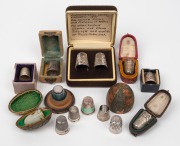 Collection of assorted antique and vintage thimbles, mostly sterling silver, one with gold trim and several in original boxes, (qty).