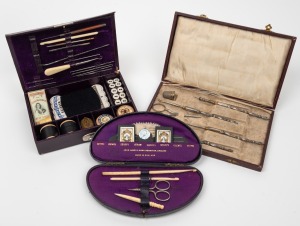 Three antique boxed sewing sets, housing an assortment of antique implements and accessories, 19th century, the largest case 21cm wide.