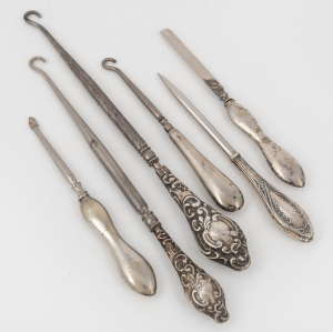 Six assorted antique sterling silver handled lace hooks and sewing implements, 19th/20th century, the largest 20cm long.