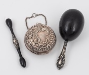 Antique sterling silver necessaire, housing two silver thimbles and needle case; together with two ebony and sterling silver sewing implements, 19th century, (3 items), the largest 12cm long.