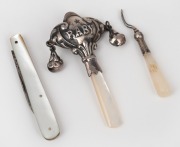 Antique sterling silver and mother of pearl handled baby rattle; together with a mother of pearl handled pen knife and sewing implement, 19th century, (3 items), ​​​​​​​the rattle 7cm high.