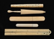 Antique ivory ruler and needle cases, including a novelty umbrella example, 18th/19th century, (5 items), the ruler 8" extended.