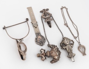 Antique and vintage sterling silver lace hook necklace, miniature ruler, chatelaine clasp and rare spool suspender, 19th/20th century, (4 items).