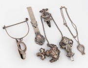 Antique and vintage sterling silver lace hook necklace, miniature ruler, chatelaine clasp and rare spool suspender, 19th/20th century, (4 items).