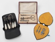 Three antique and vintage sewing kits in silver, mother of pearl and steel, 19th/20th century, the largest 12cm wide.