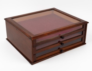 EMERSON BROTHERS of Melbourne, vintage blackwood three drawer glass top display cabinet, early 20th century, factory ink stamp to base, 18cm high, 43cm wide, 39cm deep.