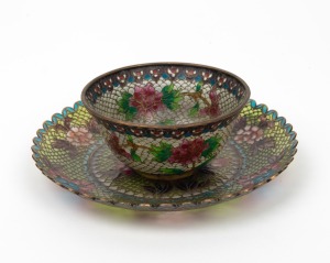 Chinese plique-&agrave;-jour tea bowl and saucer, 20th century, (2 items), the saucer 12.5cm wide.