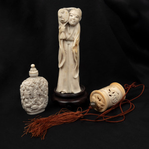 A Chinese carved ivory snuff bottle; together with a Chinese carved ivory pendant and a Japanese carved marine ivory statue (broken with losses), (3 items), the snuff bottle 7.5cm high.