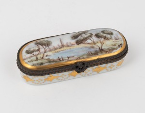 DRESDEN antique German porcelain needle box with gilt metal mounts, 19th century, blue factory mark to base, 7.5cm wide.