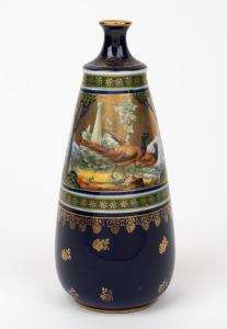 ROYAL VIENNA blue and gilt porcelain vase decorated with hand-painted ornithological scene by ERNST WAHLISS, circa 1900, factory mark to base, 16.5cm high.