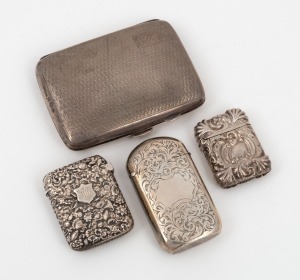Antique sterling silver cigarette case and three sterling silver vestas, 19th/20th century, (4 items), the cigarette case 8cm wide, 120 grams total.