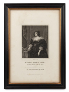 A group of five antique portrait engravings of royal women, including Queen Jane Seymour and Elizabeth Queen of Bohemia, 30 x 22cm each overall.