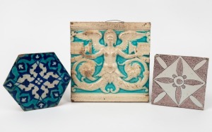 An antique Ottoman hexagonal tile; together with two antique English tiles, (3 items), the Ottoman example 14cm wide.