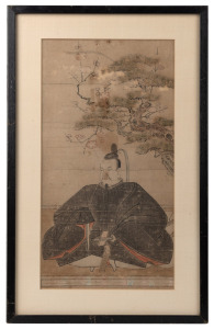 An antique Japanese woodblock print of a scholar, Edo period, 18th/19th century, 34 x 18cm, 43 x 27cm overall.